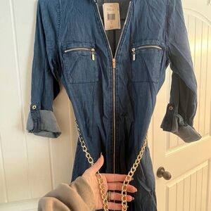 Guess Denim Dress with 3/4 Sleeves & Gold Chain Logo Belt